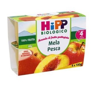 HIPP BIO FRUTTA GRATTUGGIATA MELA PESCA 4X100 G - Farmacia Artemisia di Montecuollo Dott. Angelo snc