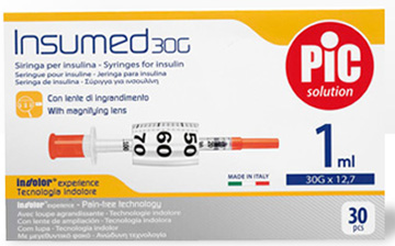 SIRINGA INSULINA PIC INSUMED 1 ML 100 UI AGO GAUGE 30 12,7 MM SENZA SPAZIO MORTO 30 PEZZI - Farmacia Artemisia di Montecuollo Dott. Angelo snc