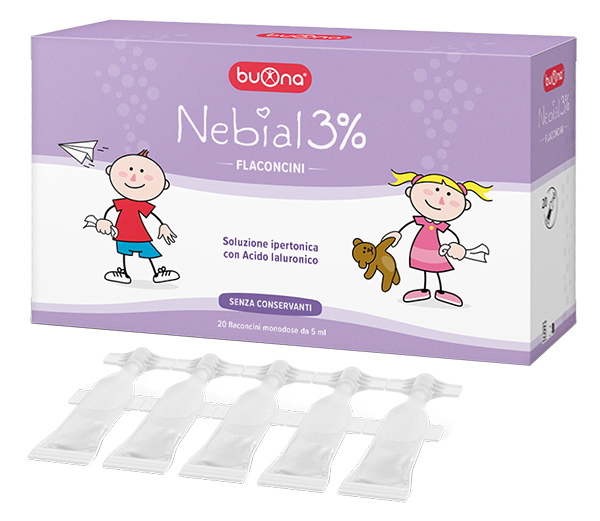 NEBIAL FLACONCINI SOLUZIONE SALINA IPERTONICA DI SODIO CLORURO AL 3% CON ACIDO IALURONICO 20X5 ML - Farmacia Artemisia di Montecuollo Dott. Angelo snc