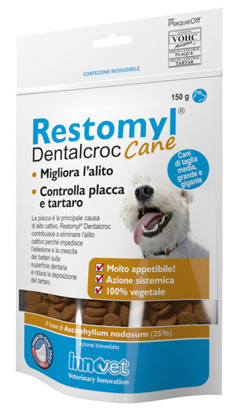 RESTOMYL DENTALCROC CANI TAGLIA MEDIA GRANDE E GIGANTE BUSTA 150 G - Farmacia Artemisia di Montecuollo Dott. Angelo snc