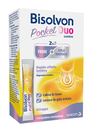 BISOLVON DUO POCKET LENITIVO TOSSE + GOLA IRRITATA A BASE DI MIELE E ALTEA 14 BUSTINE MONODOSE 10 ML - Farmacia Artemisia di Montecuollo Dott. Angelo snc