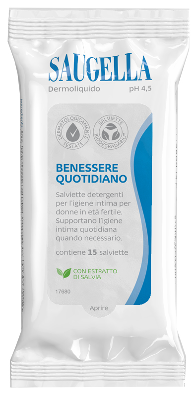 SAUGELLA DERMOLIQUIDO SALVIETTINE 15 PEZZI - Farmacia Artemisia di Montecuollo Dott. Angelo snc