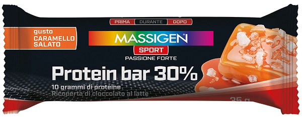 MASSIGEN SPORT PROTEIN BARRETTA 30% CARAMELLO SALATO 50 G - Farmacia Artemisia di Montecuollo Dott. Angelo snc