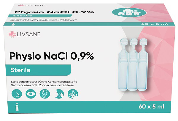LIVSANE PHYSIO NACL 0,9% SOLUZIONE ISOTONICA STERILE A BASE DI CLORURO DI SODIO 0,9% 60 FLACONCINI MONODOSE DA 5 ML - Farmacia Artemisia di Montecuollo Dott. Angelo snc