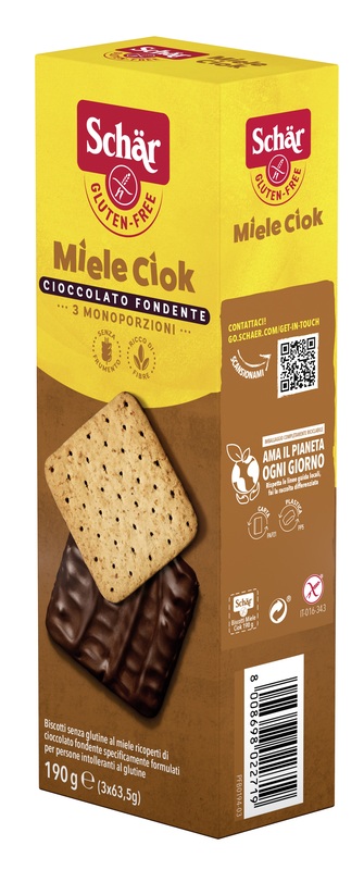 SCHAR MIELE CIOK BISCOTTI AL MIELE RICOPERTI DI CIOCCOLATO FONDENTE 3 PORZIONI DA 63,5 G - Farmacia Artemisia di Montecuollo Dott. Angelo snc