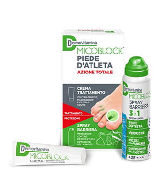 DERMOVITAMINA MICOBLOCK PIEDE D'ATLETA AZIONE TOTALE CREMA 30ML + SPRAY BARRIERA 3 IN 1 100 ML - Farmacia Artemisia di Montecuollo Dott. Angelo snc