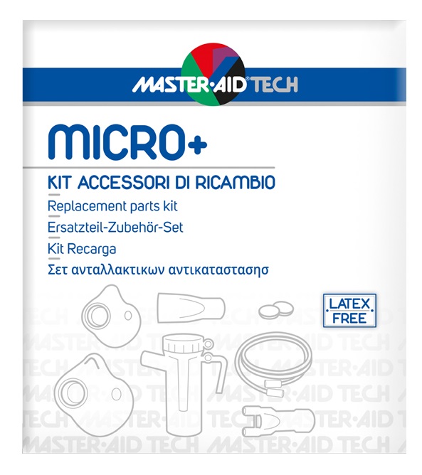MASTER AID TECH MICRO+ KIT ACCESSORI DI RICAMBIO: AMPOLLA + MASCHERA ADULTI + MASCHERA BAMBINI + 2 FILTRI ARIA + BOCCAGLIO + FORCELLA NASALE + TUBO RACCORDO PVC - Farmacia Artemisia di Montecuollo Dott. Angelo snc