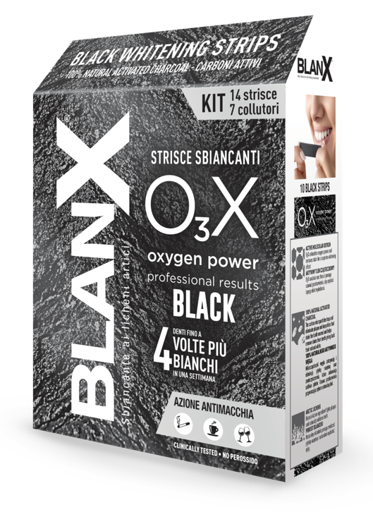 BLANX O3X BLACK STRISCE SBIANCANTI E ANTIMACCHIA 14 PEZZI - Farmacia Artemisia di Montecuollo Dott. Angelo snc