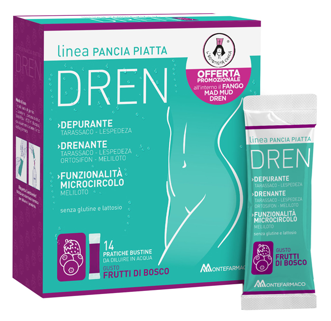 PANCIA PIATTA DREN FRUTTI DI BOSCO 14 BUSTINE STICK PACK + FANGO ATTIVO CELLULITE 100 ML OMAGGIO - Farmacia Artemisia di Montecuollo Dott. Angelo snc