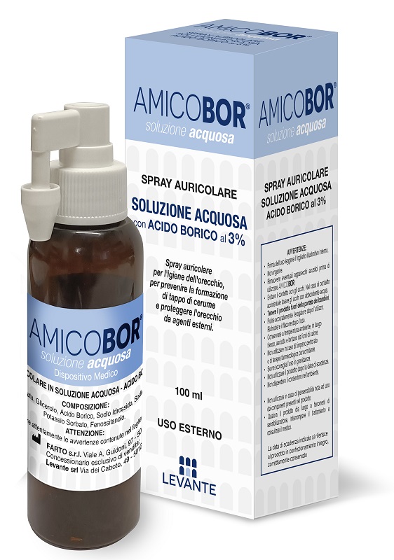 SOLUZIONE ACQUOSA PER IRRIGAZIONE DELL'ORECCHIO AMICOBOR 100 ML - Farmacia Artemisia di Montecuollo Dott. Angelo snc