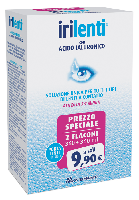 SOLUZIONE UNICA PER LENTI A CONTATTO IRILENTI CON ACIDO IALURONICO 2 FLACONI DA 360 ML + 360 ML - Farmacia Artemisia di Montecuollo Dott. Angelo snc