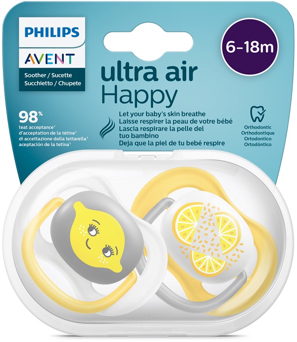 AVENT ULTRA AIR CIUCCIO ORTODONTICO 6-18 MESI NEUTRO/LIMONI 2 PEZZI - Farmacia Artemisia di Montecuollo Dott. Angelo snc