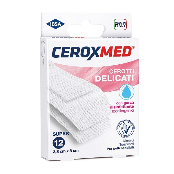 CEROTTI DELICATI CEROXMED CON GARZA DISINFETTANTE IPOALLERGENICI PER PELLI SENSIBILI SUPER 3,8X8CM 12 PEZZI - Farmacia Artemisia di Montecuollo Dott. Angelo snc