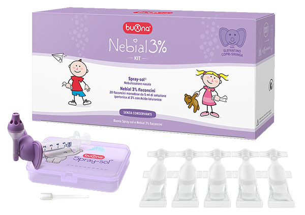 NEBIAL 3% KIT 20 FLACONCINI MONODOSE 5ML SOLUZIONE IPERTONICA CON ACIDO IALURONICO + NEBULIZZATORE SPRAY-SOL - Farmacia Artemisia di Montecuollo Dott. Angelo snc