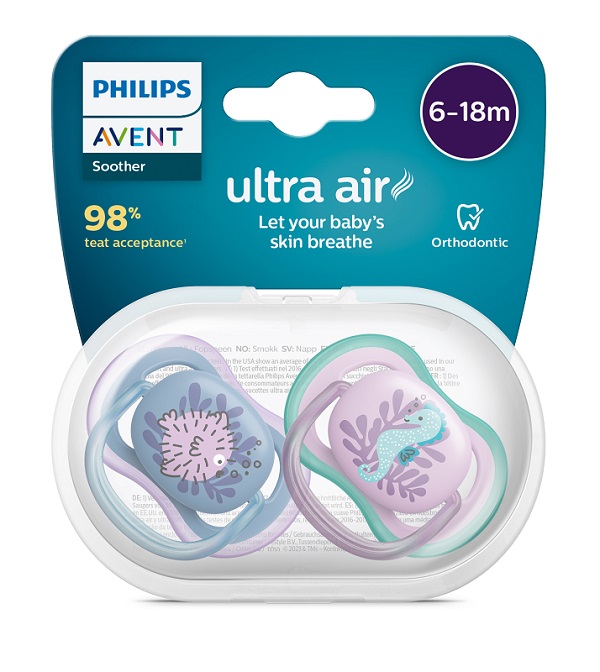 AVENT ULTRA AIR CIUCCIO ORTODONTICO 6-18 MESI PESCE PALLA/CAVALLUCCIO MARINO 2 PEZZI - Farmacia Artemisia di Montecuollo Dott. Angelo snc