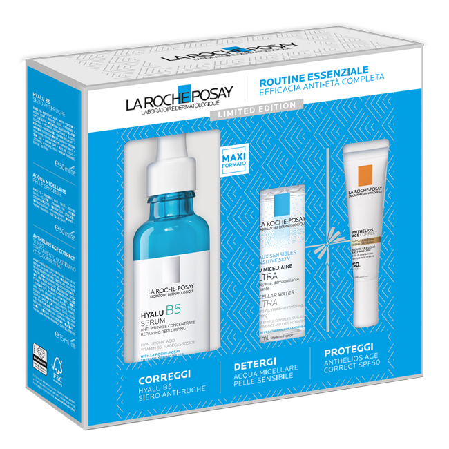 HYALU SIERO 50 ML NATALE 23 1 HYALU B5 SIERO ANTI RUGHE 50 ML + 1 ACQUA MICELLARE PELLE SENSIBILE 50 ML + 1 ANTHELIOS AGE CORRECT SPF50 TRATTAMENTO QUOTIDIANO 15 ML - Farmacia Artemisia di Montecuollo Dott. Angelo snc