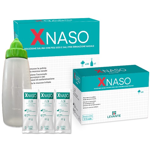 SOLUZIONE SALINA CON PEG 3350 E SALI PER IRRIGAZIONE NASALE XNASO 30 BUSTINE + 1 EROGATORE - Farmacia Artemisia di Montecuollo Dott. Angelo snc