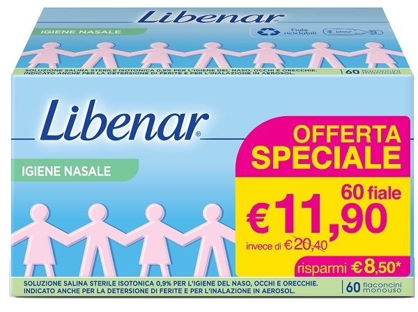 SOLUZIONE SALINA ISOTONICA 0,9% LIBENAR PER IGIENE NASALE 60 FLACONCINI MONOUSO X 5 ML - Farmacia Artemisia di Montecuollo Dott. Angelo snc
