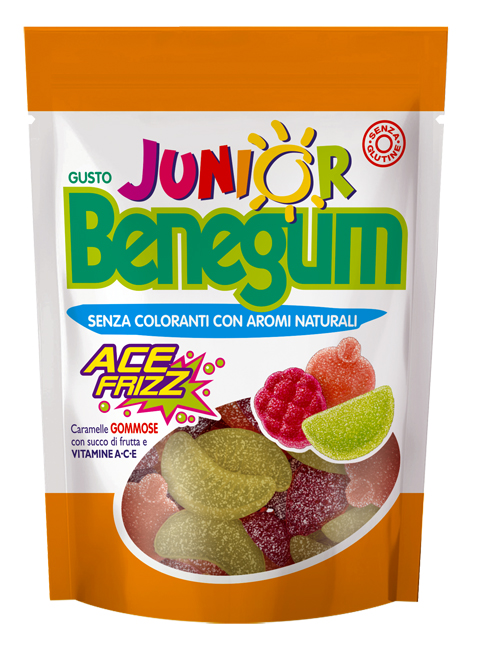 BENEGUM JUNIOR ACE FRIZZ CARAMELLE GOMMOSE CON SUCCO DI FRUTTA E VITAMINE A C E 90 G - Farmacia Artemisia di Montecuollo Dott. Angelo snc