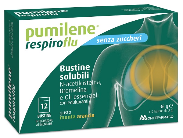 PUMILENE RESPIROFLU SENZA ZUCCHERO 12 BUSTINE GUSTO MENTA ARANCIA 36 G - Farmacia Artemisia di Montecuollo Dott. Angelo snc