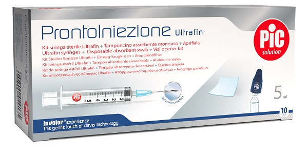 PRONTOINIEZIONE ULTRAFIN KIT SIRINGA STERILE 5 ML GAUGE 23 10 PEZZI + TAMPONCINO ASSORBENTE MONOUSO + APRIFIALA - Farmacia Artemisia di Montecuollo Dott. Angelo snc